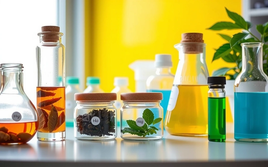 A vibrant laboratory setting with natural ingredients, beakers, and scientific equipment, symbolizing the careful research and development at Health & Glow Hungary.