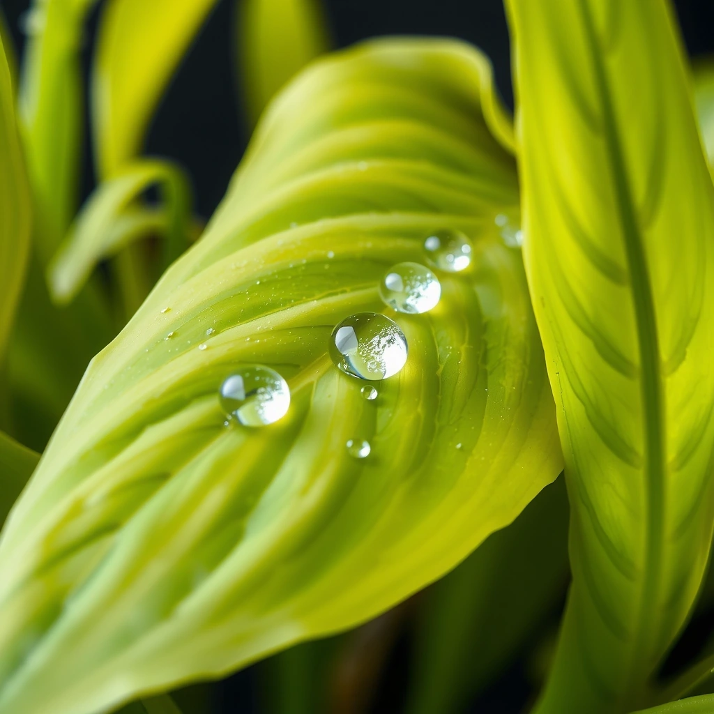 A close-up of a vibrant green plant leaf with water droplets, symbolizing natural hydration.